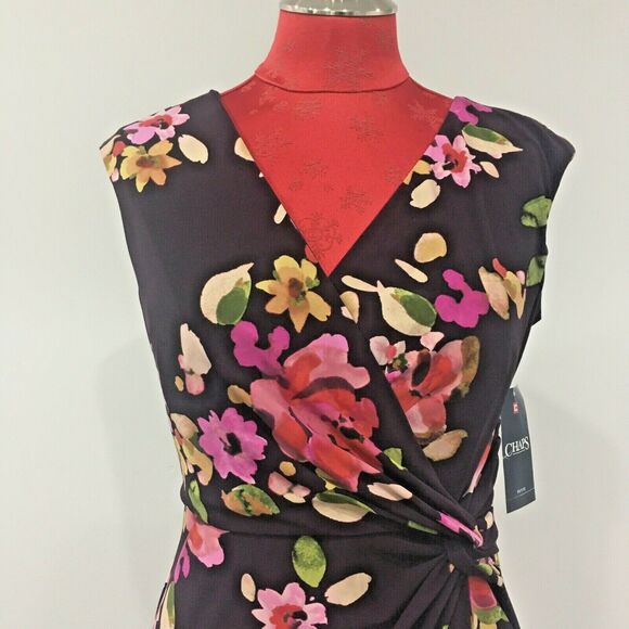 NWT Chaps faux wrap style dress Petite S purple pink floral stretch sleeveless - Picture 2 of 6